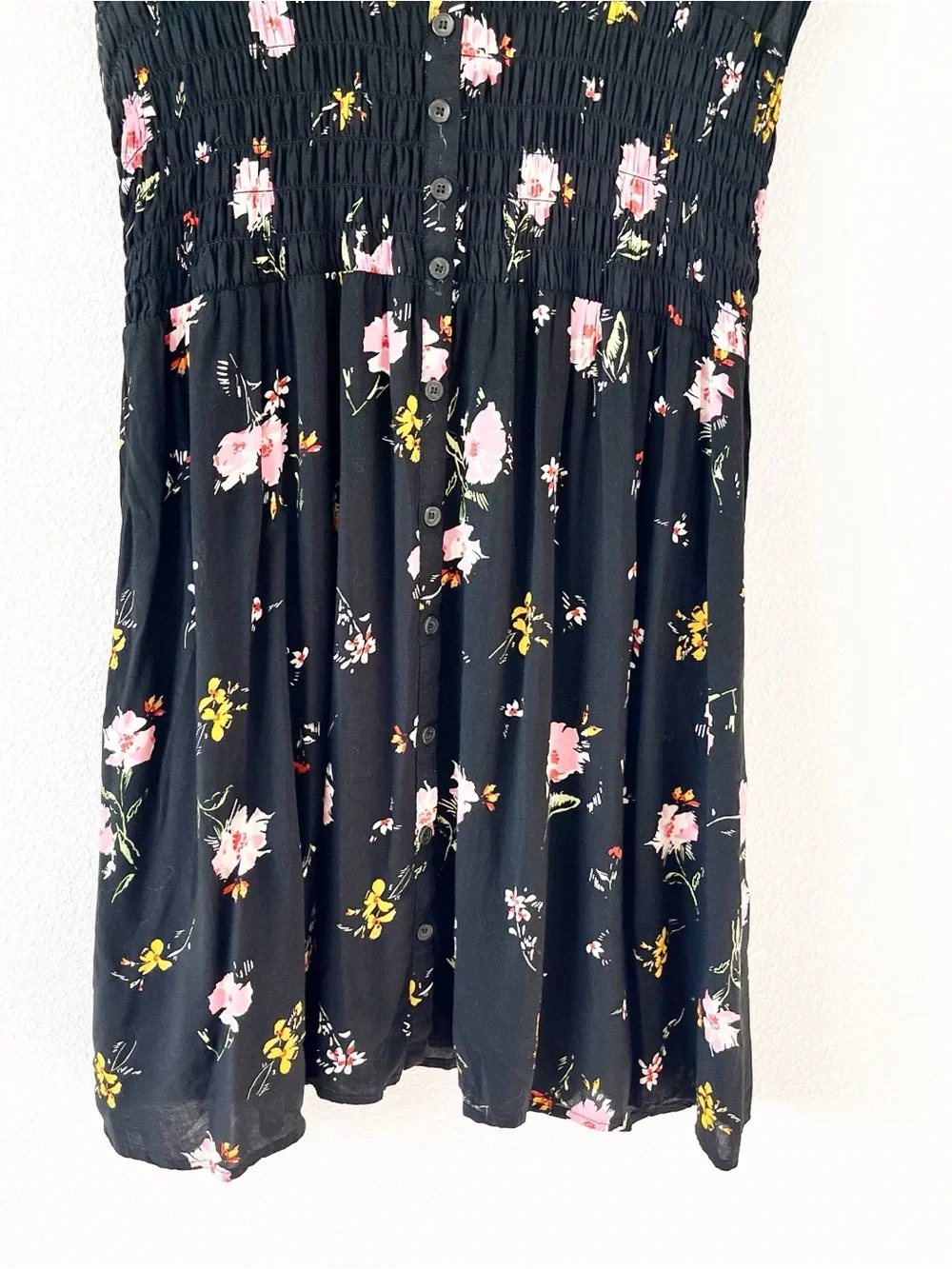 free people greatest day mini dress Free People Greatest Day Mini Dress Sz S Womans Smocked Black Floral Cap  Sleeve